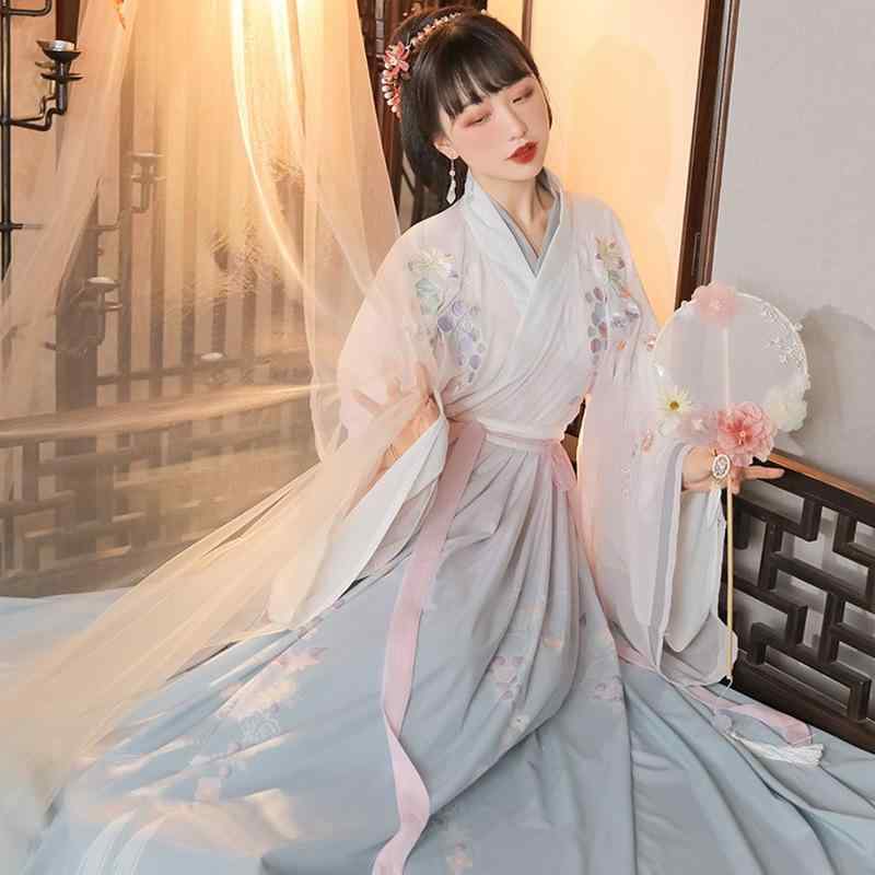 漢服 レディース 魏晋様式 広袖 交領 プリント柄 刺繍 襦裙 大袖ブラウス 上下セット 日常使い 普段着 ..