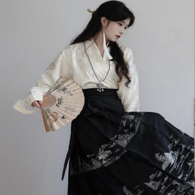 セットアップ レディース 新中華風 改良漢服 螺鈿風 馬面スカート ジャガード織り パフスリーブ トップス ポリエステル 春夏 茶系ファッション 上品 エレガント