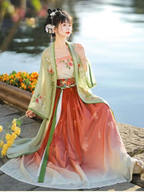 漢服 レディース 宋代 中国風 日常使い 清楚 上品 ショート丈羽織 ロングスカート セットアップ シフォン ポリエステル アイロン不要 シワになりにくい グラデーション