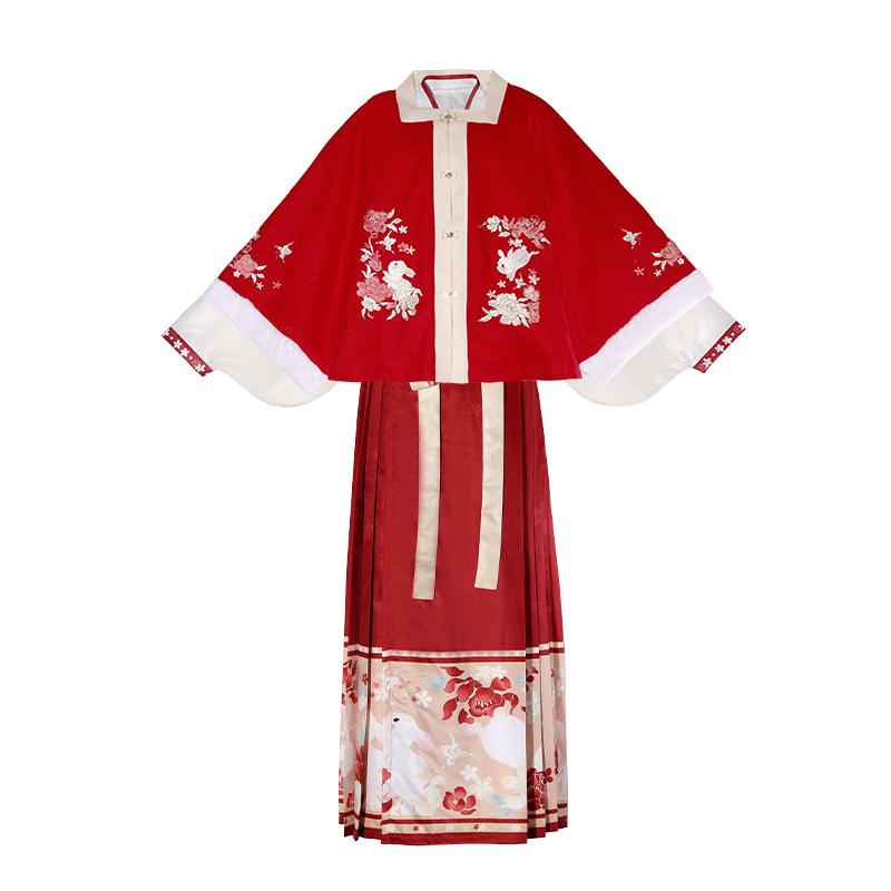 漢服 レディース 女性用 冬 裏起毛 厚手 暖かい 防寒 中国風 お正月 初詣 イベント 民族衣装 フルセット ベスト トップス プリーツスカート ポリエステル ウール調 レッド ベージュ 切り替え リボン