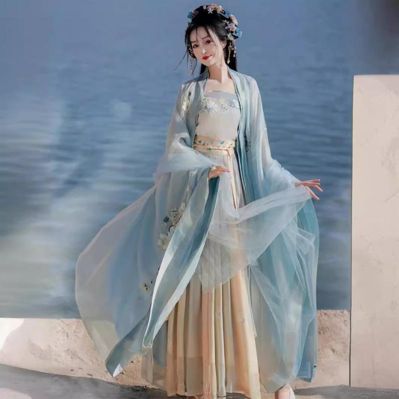 漢服 レディース 女性用 宋代スタイル 伝統衣装 花柄 フラワー 刺繍 刺しゅう プリント 改良デザイン キャミソール ワイドスリーブ ブラウス スカート セットアップ 春夏 ポリエステル 青色 リボン付き 切り替え