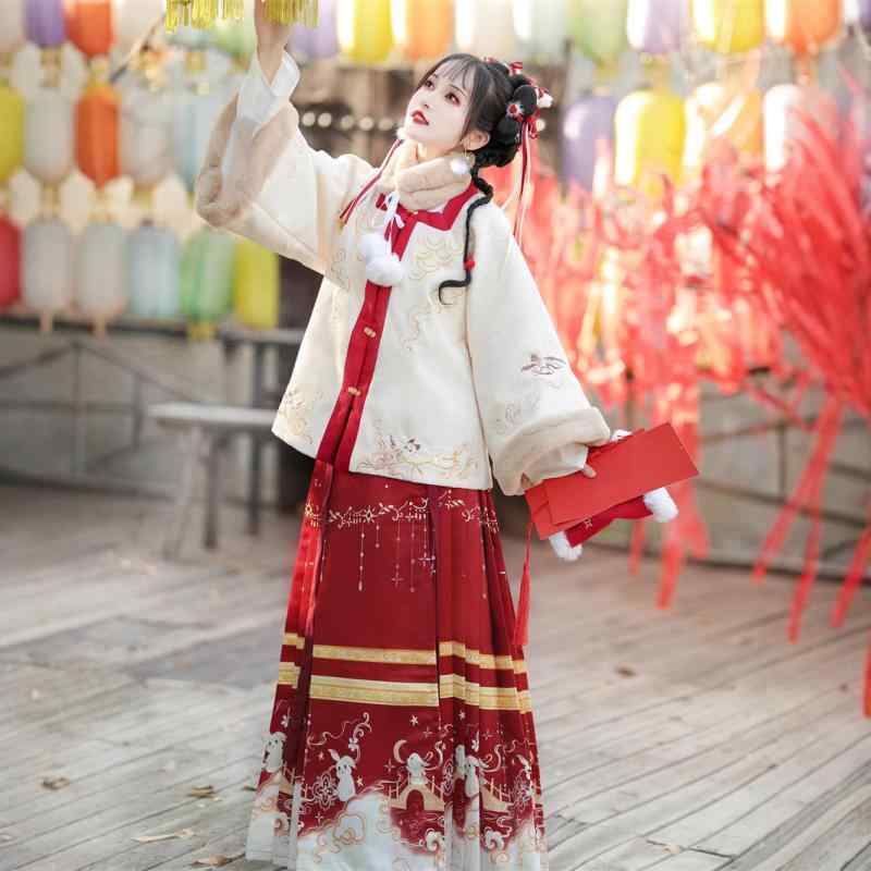 漢服 レディース 明朝様式 改良 襖裙 馬面スカート セットアップ 上下セット ポリエステル メッシュ素材 厚手 ロング丈 Aライン 日常使い コスプレ イベント 秋冬 ホワイト レッド 切り替え