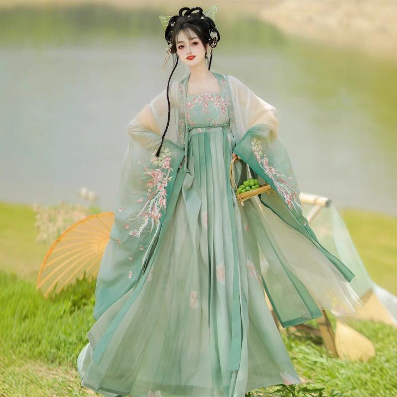 漢服 レディース 女性用 改良唐風 仙女風 訶子スカート 大袖ブラウス セットアップ ゆったり エレガント ロング丈 中国伝統衣装 イベント コスプレ ステージ衣装 秋冬 グリーン ピンク系