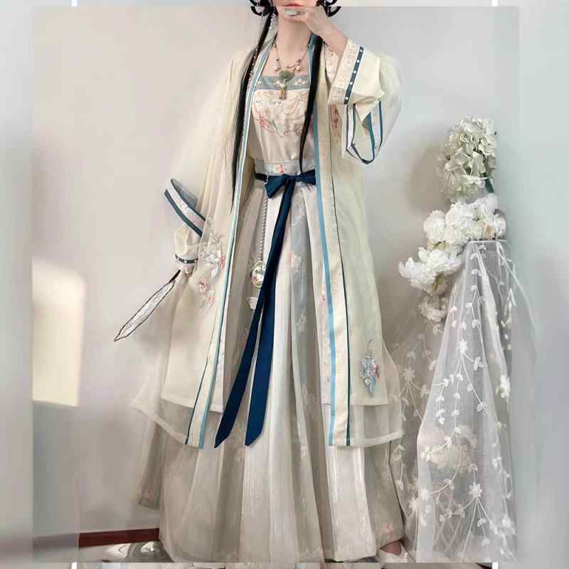 漢服 レディース 十二花神 宋代 改良デザイン 長褙子 羽織り ハイウエスト プリーツスカート 四点セット 古典衣装 民族衣装 日常 普段使い レトロ エスニック 春夏 オフホワイト ポリエステル 紐付き