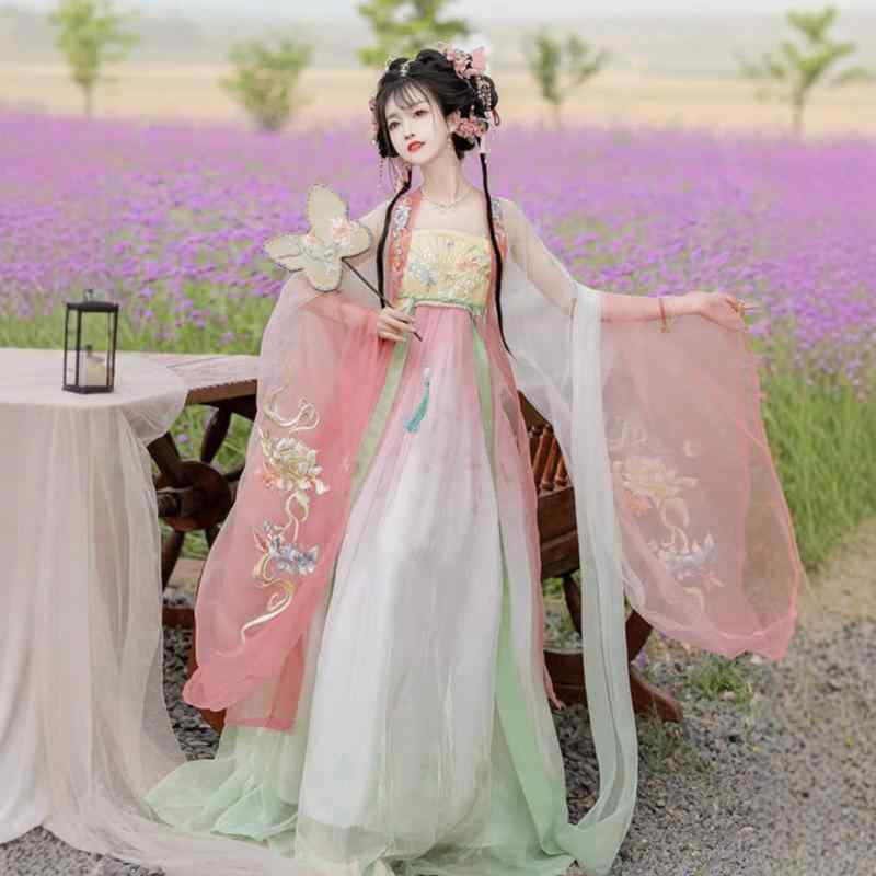 漢服 レディース 唐風 大人用 斉胸襦裙 優美 ロングスカート 十二花神 フルセット 春夏 エレガント 仙女 コスプレ 舞台衣装 ポリエステル素材 切り替えデザイン リボン