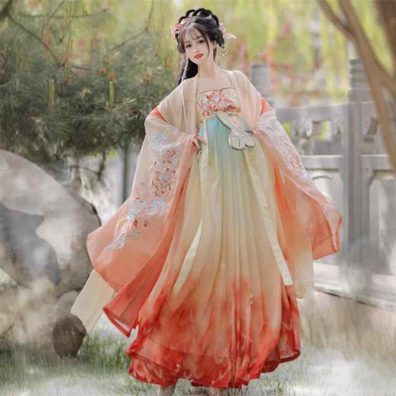 漢服 レディース 大人 ワンピース 刺繡 胸元 グラデーション 訶子裙 フルセット 古風 唐風 日常使い 春夏 ポリエステル イージーケア リボン 大袖シャツ スカート セット 夢錦鯉