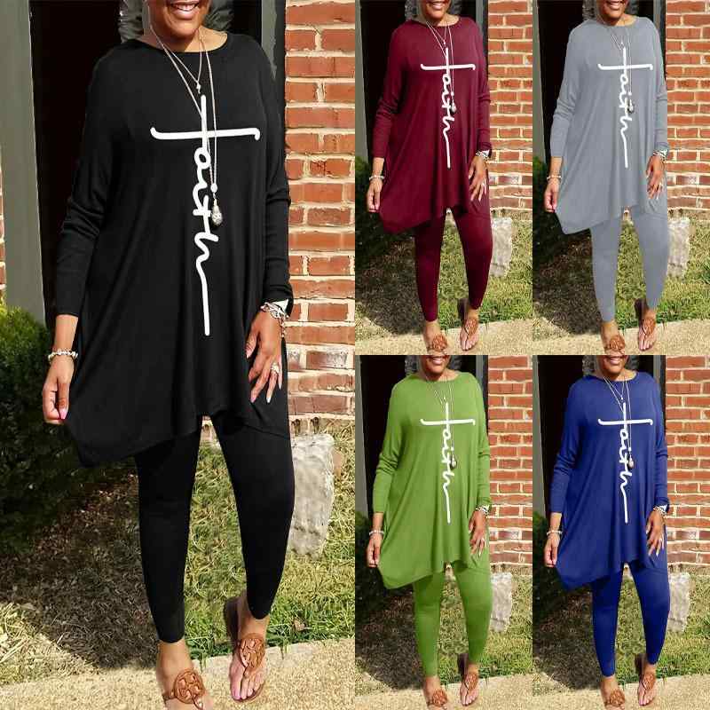 カジュアルセット レディース 秋冬 ラウンドネック ゆったり 長袖 切り替え 3Dプリント パンツセットアップ 再生繊維 ポリエステル スパンデックス混 リラックススタイル ブラック グリーン ブルー グレー