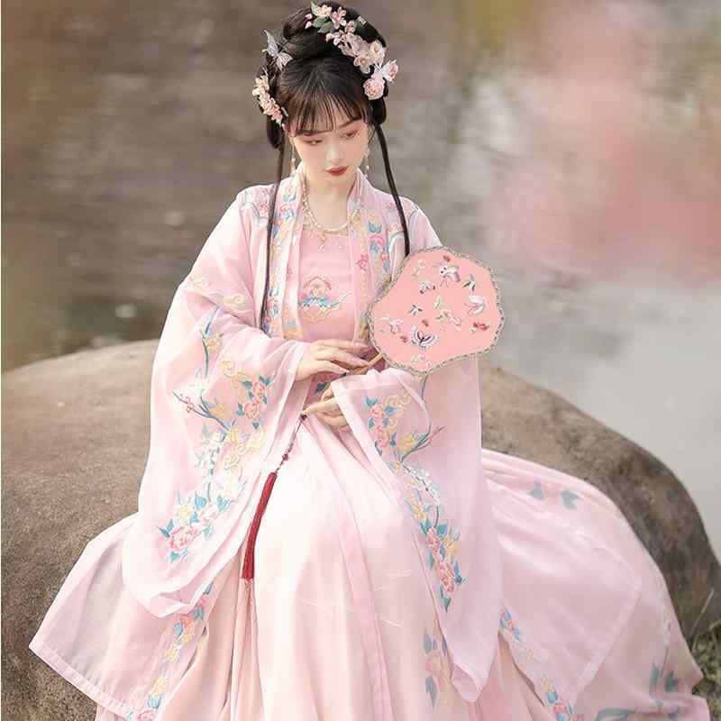 漢服 レディース 結婚式 ブライダル 中国風 古風 民族衣装 淡いピンク 刺繡 大袖 斉腰襦裙 ロングスカート マキシ丈 宋代様式 エレガント フェミニン 仙女風 ふんわり 優雅 ドレープ感 ポリエステル 春夏 イベント パーティー