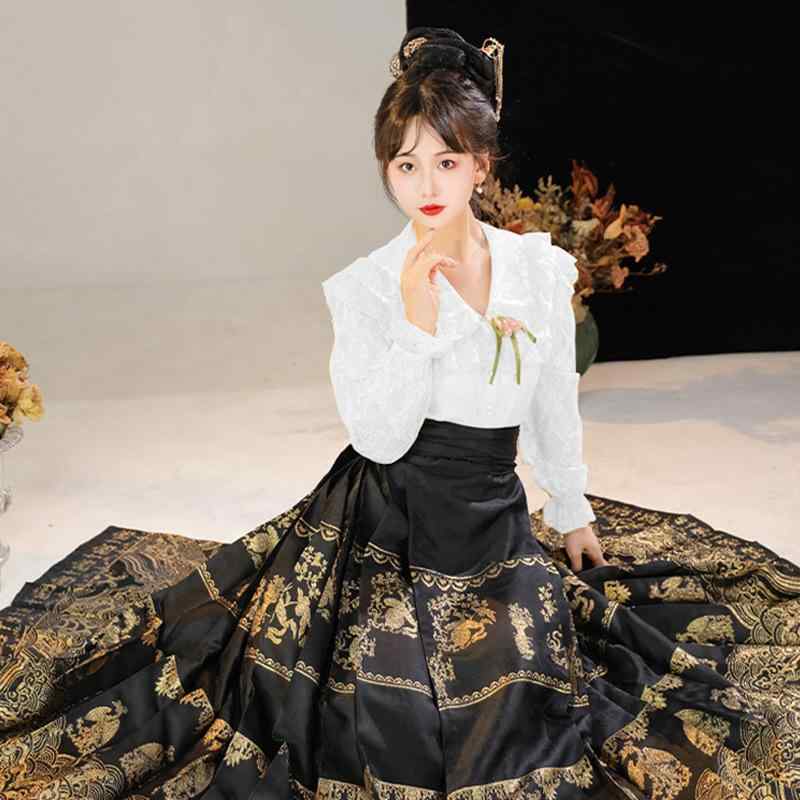 漢服 レディース 女性用 馬面スカート 織金 中国風 改良デザイン 明朝スタイル ロング丈 赤色 レッド 通勤 普段使い 春夏 ポリエステル メッシュ ウエストリボン