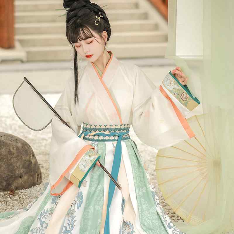 漢服 レディース 魏晋時代風 中国風 交領 ハイウエスト 八破スカート 大人用 切り替え シフォン ポリエステル エレガント 優雅 軽やか 普段使い イベント 時代衣装 春秋