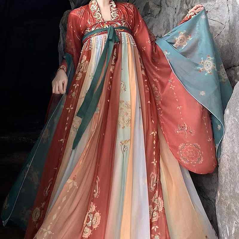 漢服 レディース 中国伝統衣装 唐時代風 南北朝様式 改良型 ボリュームスリーブ 刺繍 ハイウエストスカート 大きいサイズ ゆったり 春夏 ポリエステル