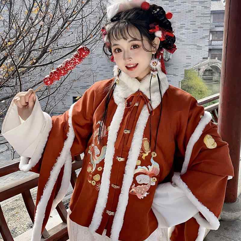 漢服 立ち襟 スタンドカラー ショート丈羽織り 短丈ジャケット 馬面スカート フレア ウール調 毛織物 ポリエステル 刺繍 豪華 裏起毛 あったか 防寒 秋冬 お正月 新年祝い 晴れ着 イベント衣装