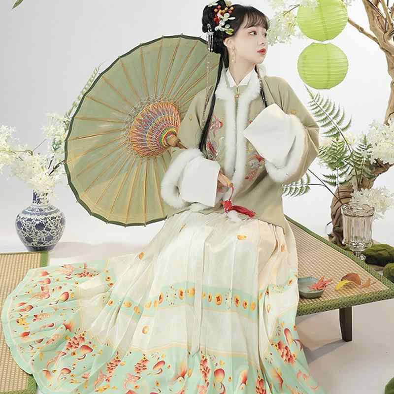 漢服 レディース 明代様式 馬面裙 プリーツスカート ロングスカート 立ち襟 スタンドカラー 厚手 裏起毛 秋冬 グリーン 緑色 刺繍 プリント お祝い服 旧正月衣装