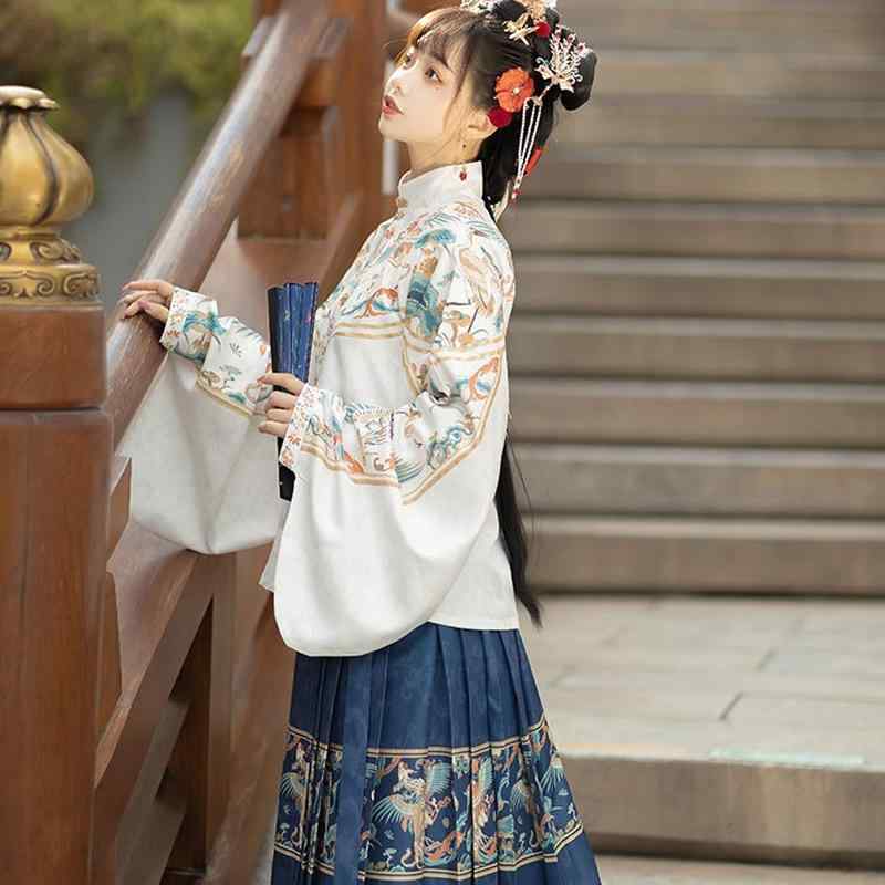 漢服 レディース 女性用 明制スタイル 立ち襟 対襟 ショートトップス 琵琶袖 馬面スカート ポリエステル デジタルプリント 刺繍 レッド 赤色 イベント 普段使い