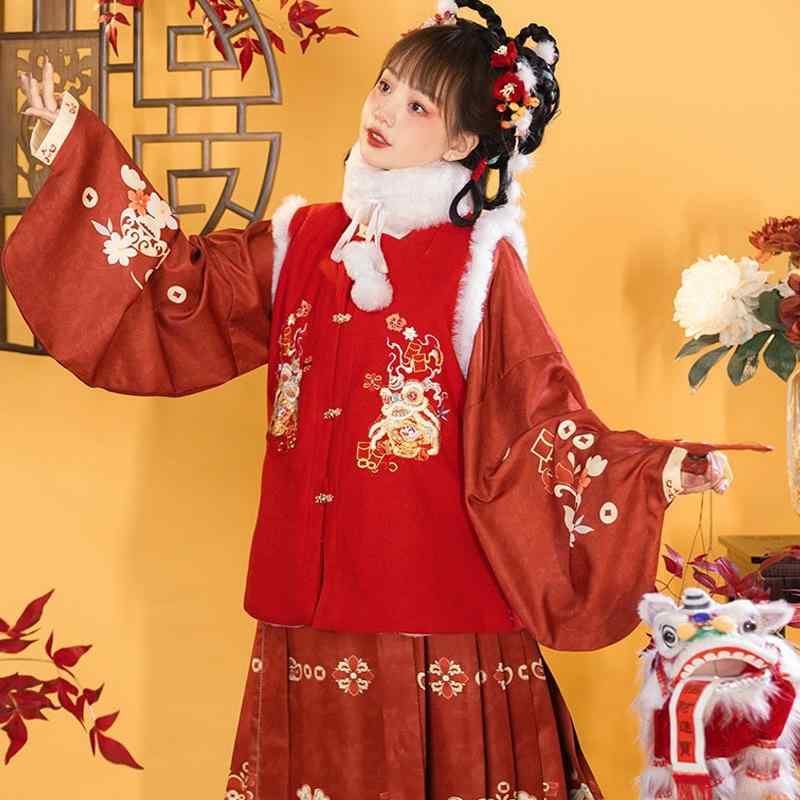 漢服 レディース 中国風 明朝様式 交領トップス ベスト 切り替え 馬面裙 厚手 ファー襟 ウール調 ウエストリボン 秋冬 新年 お正月 コスチューム 赤色