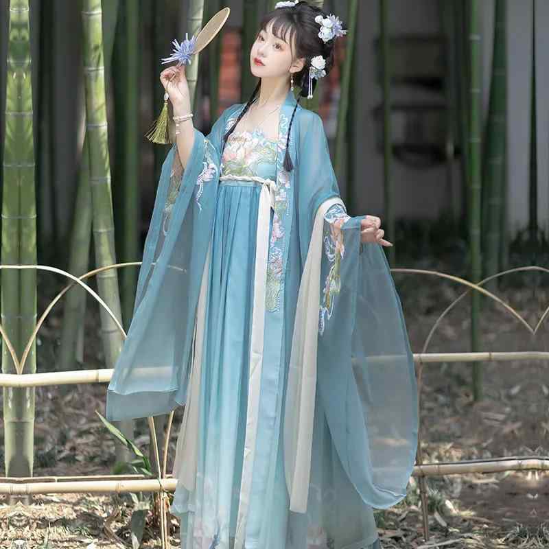 漢服 女性用 唐制 広袖 訶子スカート 大袖シャツ 日常着 青 ブルー系 デジタルプリント 刺繍 シフォン ポリエステル 切り替え リボン 春夏