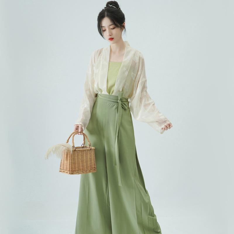 漢服 レディース 宋朝風 モダンチャイナ風 改良デザイン フライアウェイ袖 ブラウス キャミソール 宋ワイドパンツ ロングフレアスカート ショール 普段着 春夏 無地