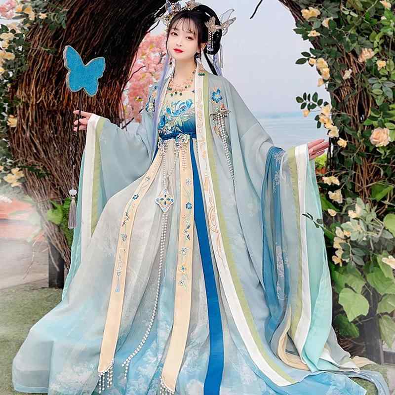 漢服 レディース 女性用 唐風 中国風 春夏 花柄 刺繍 改良デザイン 訶子裙 華やか 優雅 仙女風 民族衣装 古典 ロングスカート アセテート繊維 ブルー