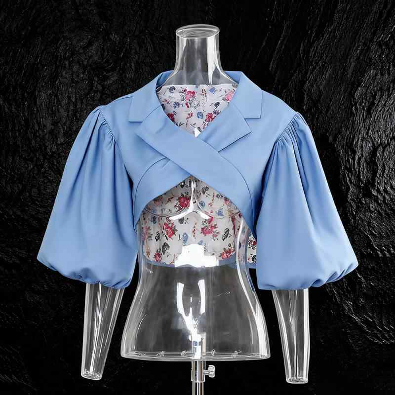 ジャケット レディース 2WAY ショート丈 Vネック 切り替え パフスリーブ 小花柄 クロスデザイン ルーズ..