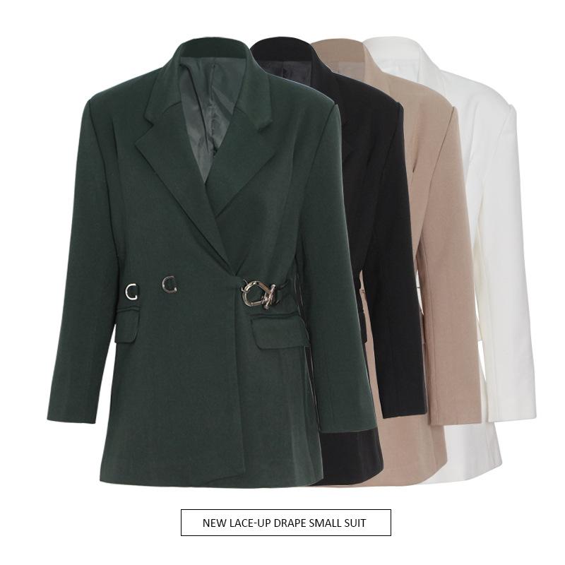 ジャケット レディース フレンチレトロ 秋冬 長袖 ゆったり ブレザー テーラードカラー バックル 無地 ..