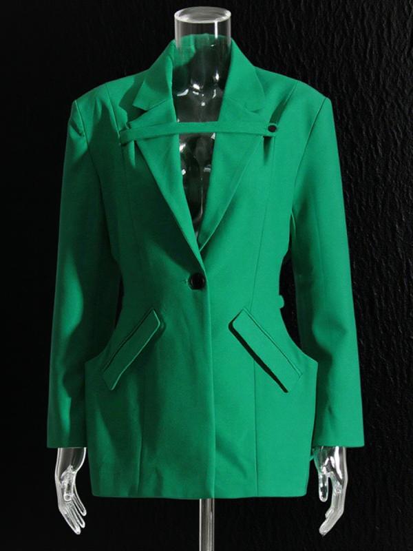テーラードジャケット レディース 欧米風 個性的 着回し 万能 きれいめ 上品 アウター オフィス ビジネス 通勤 シングル 1つボタン ショルダーパッド ポケット付き 長袖 ウエストシェイプ 細見え ミドル丈 ポリエステル 綿混 グリーン エレガント