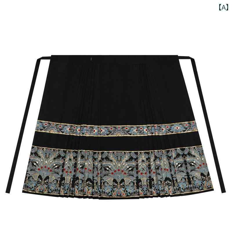 スカート レディース 漢服 馬面スカート 明代様式 新中華風 織花 金糸織り ロング丈 Aライン 普段使い 通勤 フォーマル 結納 礼服 高級感 上品 春夏 ブラック 台形 リボン