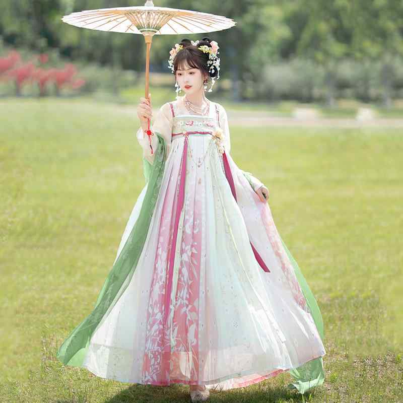 ドレス レディース 漢服 唐代風 中華風 改良型 古典衣装 斉胸スカート ロング丈 刺繡 優美 華やか ポリエステル素材 切り替えデザイン ウエストリボン 普段着 デイリー イベント コスプレ 春夏