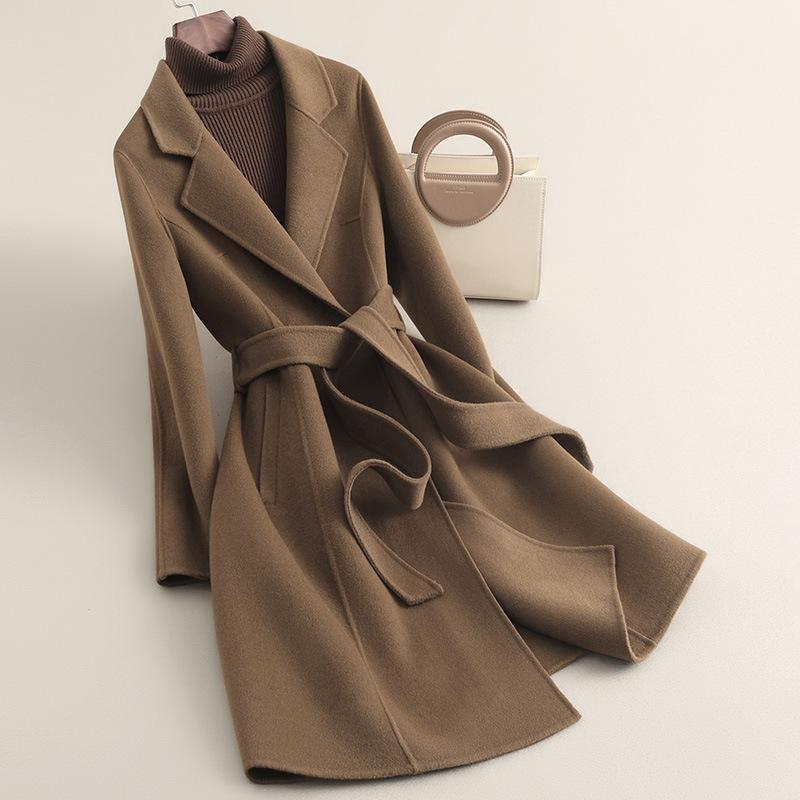 スプリングコート レディース 小柄 高級感 ロング丈 ダブルフェイス ウールメルトン ウエストマーク ベルト付き テーラードカラー 通勤 オフィス カジュアル 長袖 ポケット付き ブラック ネイビー ベージュ キャメル