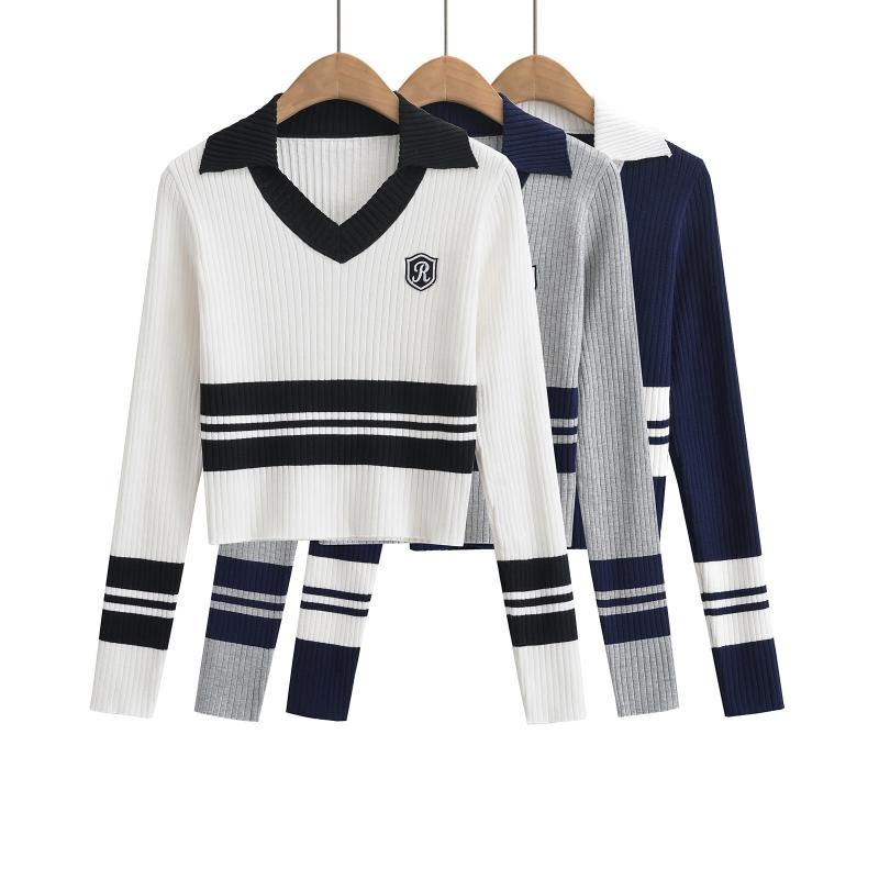 ニット レディース 春物 アメリカンカレッジ風 スクールテイスト Vネック 長袖 切り替え ストライプ ワ..