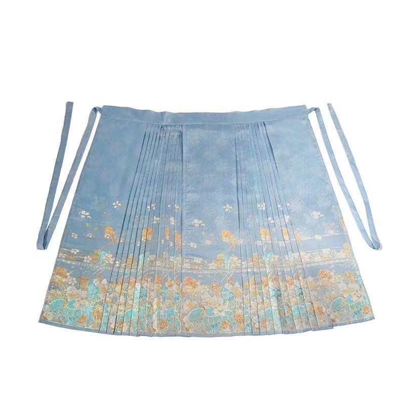 スカート レディース 馬面スカート 新中国風 漢服風 普段使い エレガント 上品 レトロ 花織り 金糸 刺繍 フレア ハーフ丈 ポリエステル 春夏