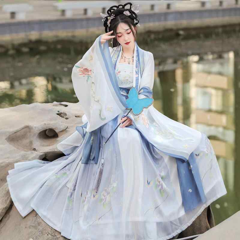 漢服 レディース 宋代風 改良 中国風 大袖トップス 齊腰スカート エレガント 仙女風 刺繍 花蝶柄 ブルー レースアップ ポリエステル 秋冬