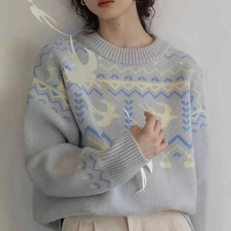 樂天商城 - ニット レディース レトロ 森ガール風 ツバメ柄 ジャカード編み アクリル混 セーター 厚手 ゆったり 長袖 クルーネック プルオーバー 配色 優しい肌触り きれいめカジュアル 普段使い 秋冬