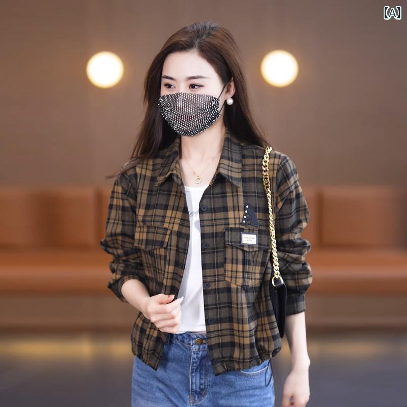 ジャケット レディース ショート丈 チェック柄 薄手 春秋 低身長向け ポロ襟 長袖 ストレートシルエッ..