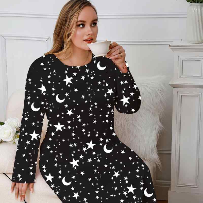 ルームワンピース レディース 女性用 大きいサイズ ゆったり 長袖 プルオーバー 星柄 月柄 パジャマ 部屋着 ワンマイルウェア リラック..