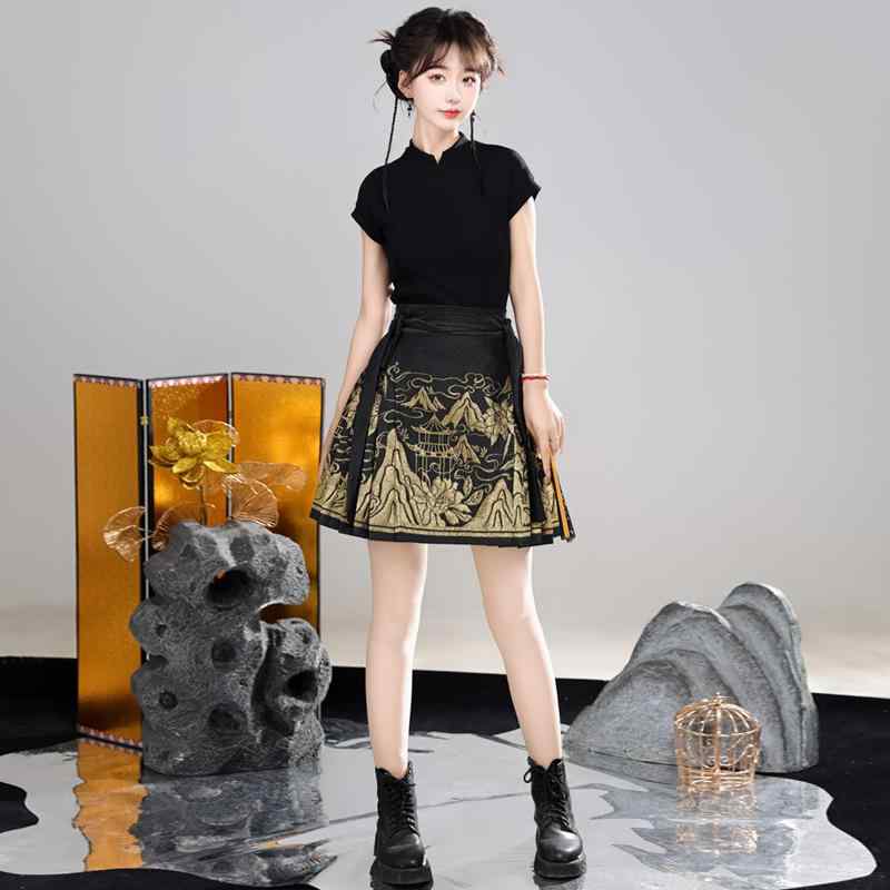 スカート レディース 大人 女性 漢服風 ネオチャイナ 中華 エスニック ショート丈 金糸織り 刺繍 プリーツスカート フレア 幾何学柄 結びリボン 普段使い 通勤 オフィス カジュアル 旅行撮影 コスチューム ブラック グリーン 春夏