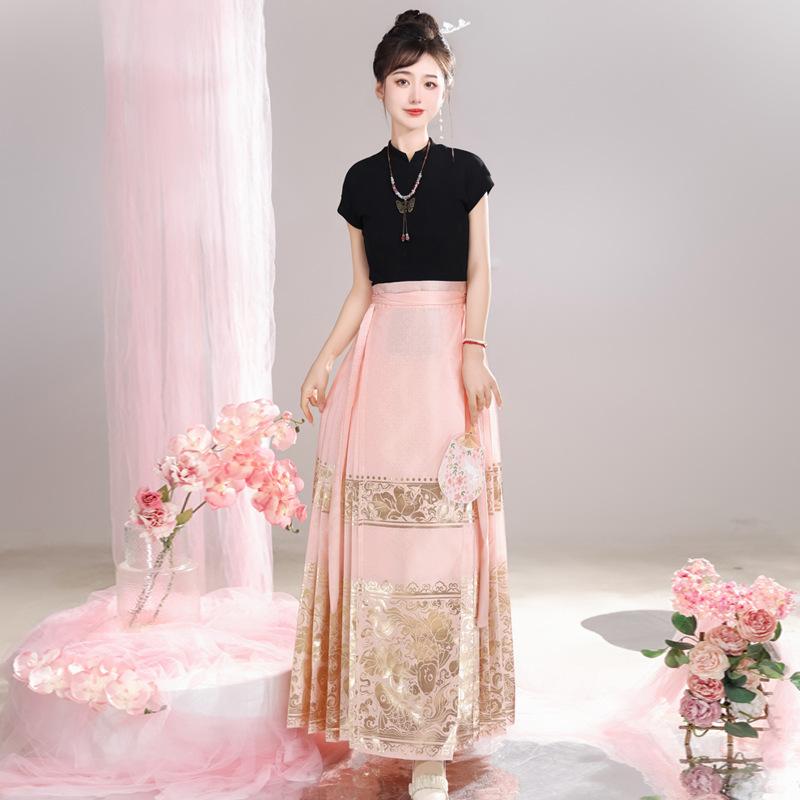 漢服 レディース 女性用 ピンク系 織金 馬面スカート 明朝風 改良デザイン 中華風 ポリエステル メッシュ 袴 プリーツ ロング丈 旅行 撮影 普段使い 春夏