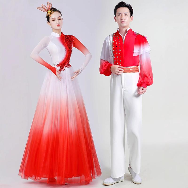 Other - ダンス衣装 レディース 万疆 灯火の中の中国 オープニングダンス 演出服 ステージパフォーマンス 合唱 発表会 ポリエステル製 赤 白 フレア ロングドレス