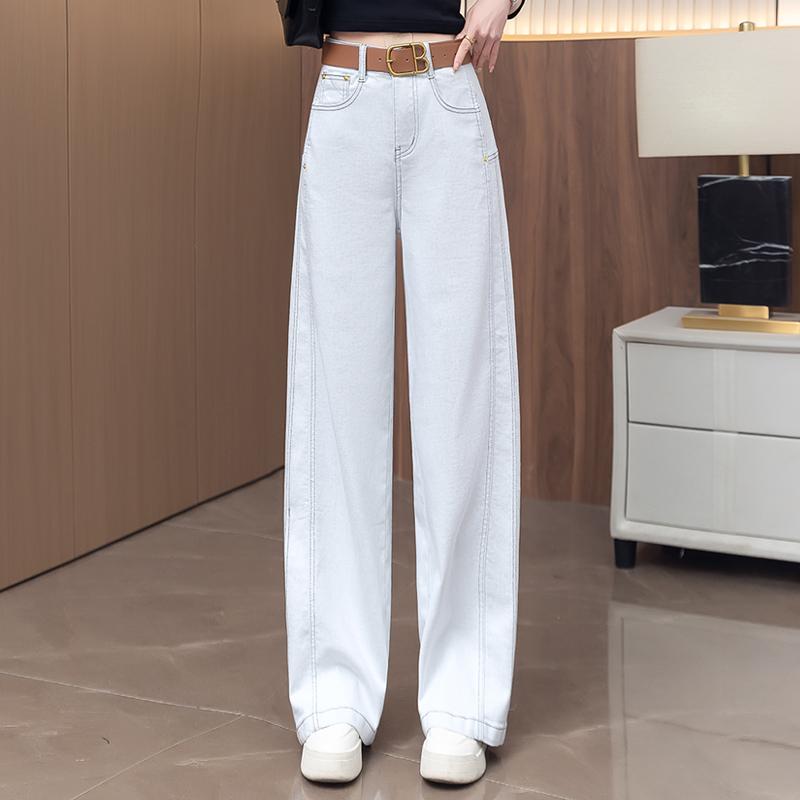 デニムパンツ レディース ホワイト 白 ハイウエスト ワイド カーブシルエット フルレングス 綿 ポリエステル ゆったり ルーズ ストレッチ 伸縮性 春夏 通勤 カジュアル 普段使い