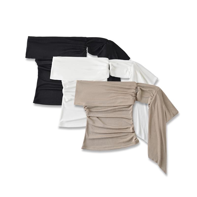 トップス レディース 春夏 オフショルダー ワンショルダー ベアトップ カジュアル スパイシーギャル 純欲 セクシー リボン ショート丈 切り替え ポリエステル 伸縮性 ブラック ホワイト カーキ