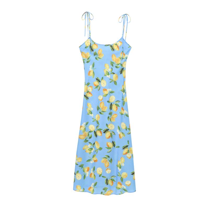 ワンピース レディース フレンチ レモン柄プリント バイアスカット ロング キャミソールワンピース 細見え Aライン 綿 コットン 再生繊維 上品 エレガント きれいめ 春夏 カジュアル リゾートスタイル