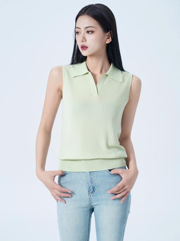 ニット レディース 再生繊維 リヨセル 薄手 さらさら 通気性 無地 ポロ襟 ノースリーブ ショート丈 Tシャツ カットソー トップス きれいめ 通勤 オフィス 普段使い 春夏 ホワイト ライトグリーン マカロンカラー