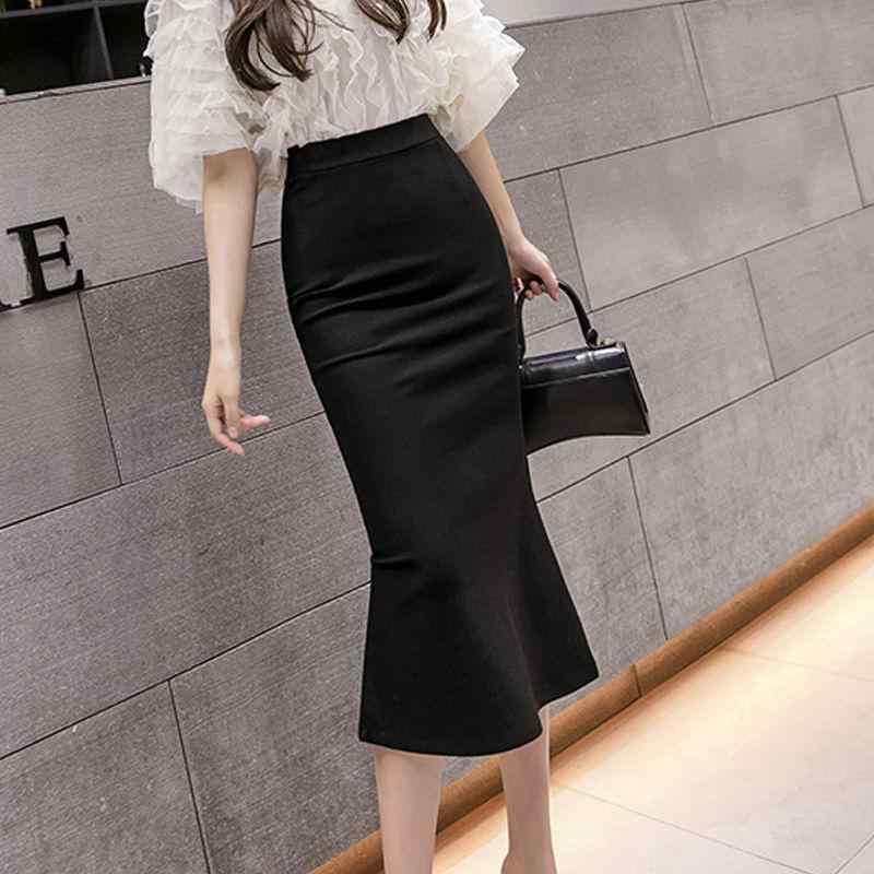 スカート レディース 女性用 マーメイドスカート ハイウエスト ミディ丈 タイト スリット ウエストゴム 切り替え 細見え スタイルアップ きれいめ 着回し ポリエステル ブラック 夏 通勤 オフィス 普段使い
