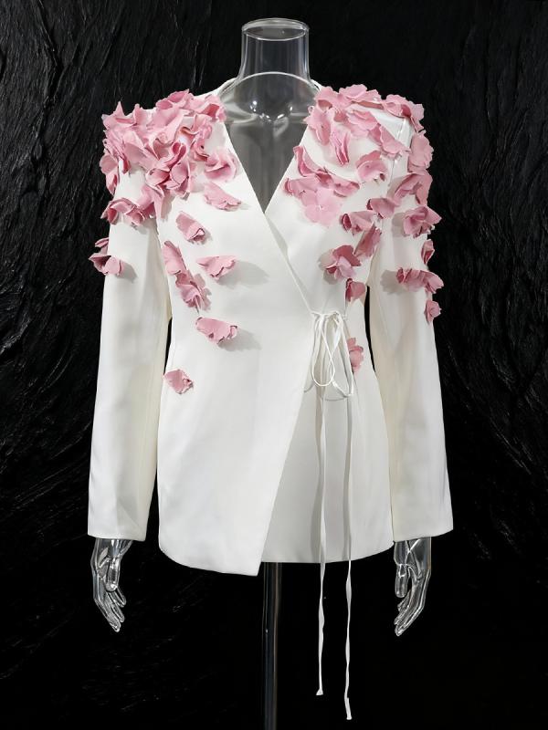 Skirt Suits - ジャケット レディース フレンチエレガンス 上品 フェミニン ピンク 立体フラワー アップリケ パッチワーク 切り替え スリムフィット 細見え ブレザー 長袖 ポリエステル混紡