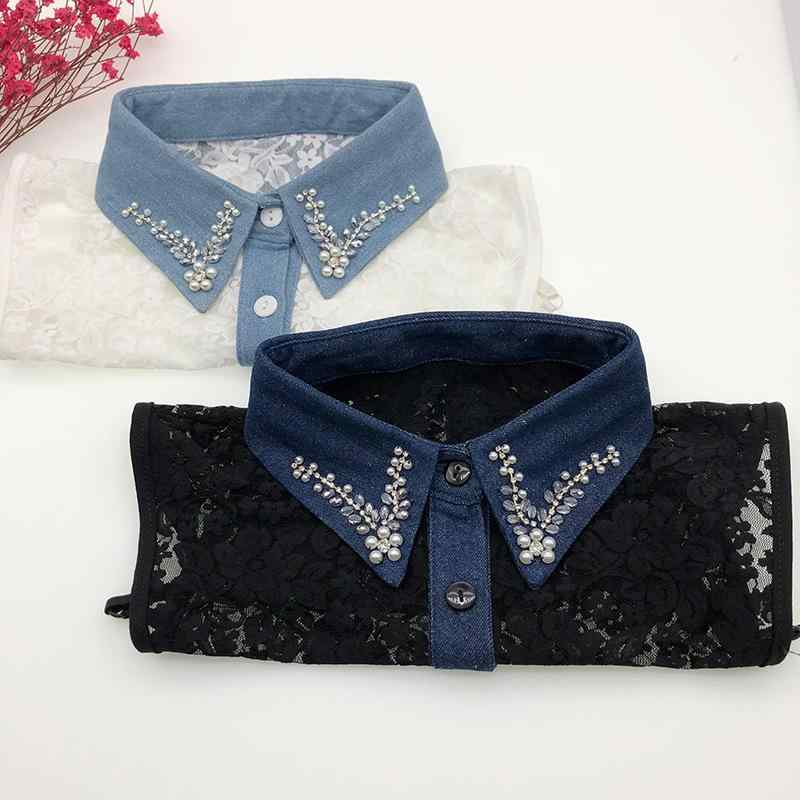 付け襟 レディース デニム ビジュー飾り レース 異素材切り替え フェイクカラー カジュアルスタイル 大人可愛い レトロ風 重ね着 トップス シャツ ブラウス ...