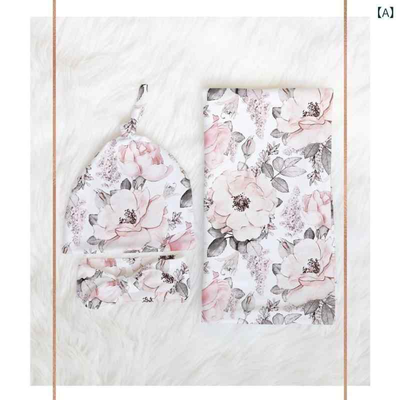 おくるみ 新生児 ベビー 赤ちゃん スワドル 春夏秋 花柄 伸縮性 ポリエステル 安眠 寝かしつけ 寝冷え対策 出産祝い ギフト 3点セット 帽子 キャップ ヘアバンド 2