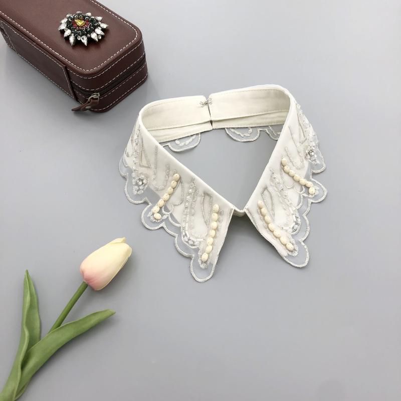 付け襟 レディース 高級感 ポリエステル オーガンジー 銀糸 刺繡 ウェーブフリル 手の込んだ おしゃれ レトロ ヴィンテージ ファッション 着回し フェイクカラー オフホワイト 白 首元アクセサリー 重ね着風 ブラウス ワンピース アクセント小物(x2)(4)