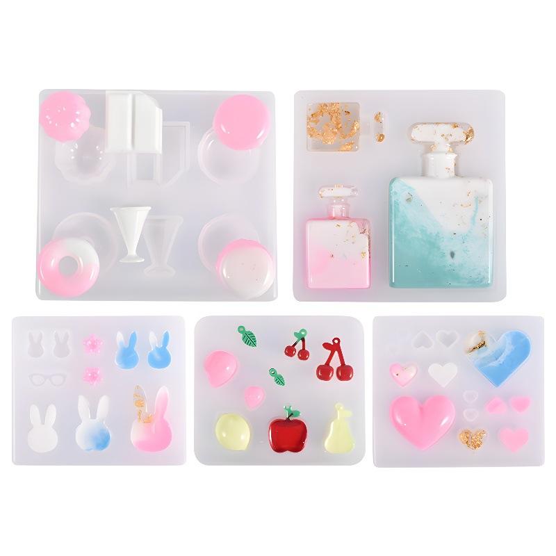 シリコンモールド うさぎ ドーナツ さくらんぼ 香水瓶 ハート 5種モチーフ エポキシ樹脂 レジンクラフト用 ペンダント イヤリング ピアス チャーム アクセサリーパーツ ハンドメイド DIY 型 ソフト(x2)
