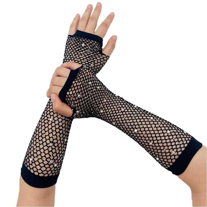 手袋 レディース フィッシュネット シースルー ラインストーン ミドル丈 指なし オープンフィンガー グ..