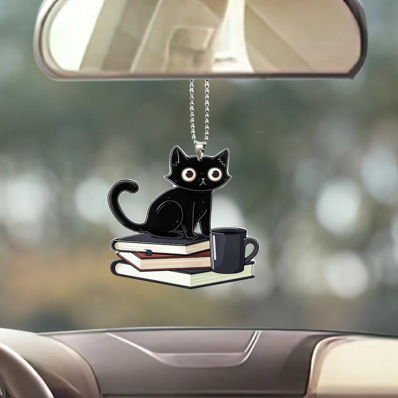 カーアクセサリー ブラック アクリル製 子猫 本棚デザイン 車内インテリア オーナメント かわいい おしゃれ 軽量 吊り下げチャーム(x2)