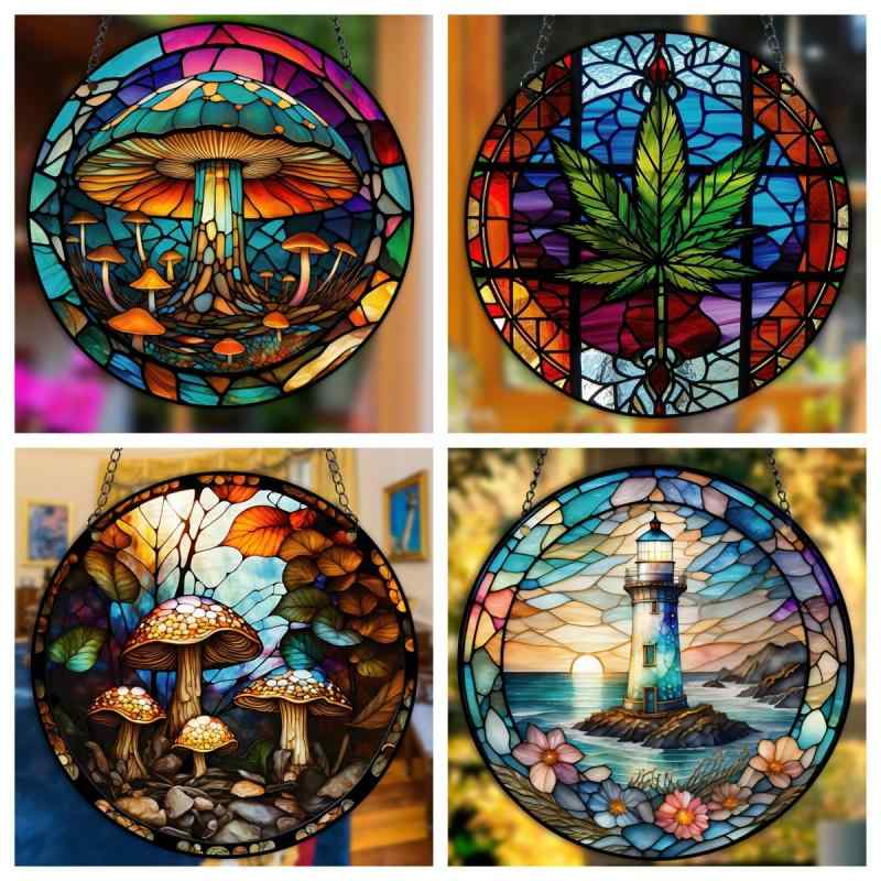 窓飾り アクリル アート染色 レトロ 灯台 キノコ クローバー モチーフ 円形 鉄チェーン付き 日よけ 壁..